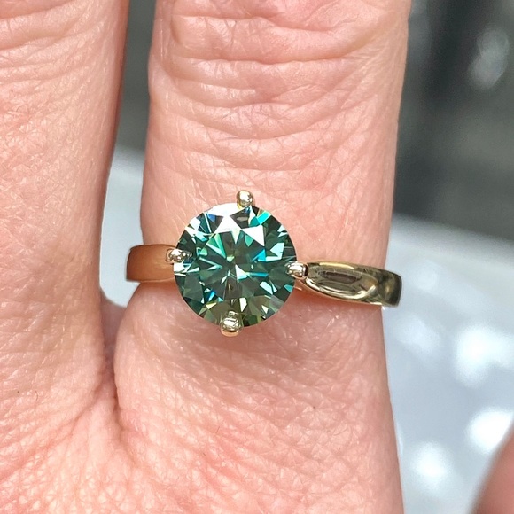 14k Yellow Gold 1 Carat Teal Blue / Aqua Diamond Moissanite Engagement Ring - Picture 12 of 14